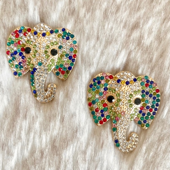 Gold Multi-Colored Rhinestone Elephant Earrings - Picture 1 of 4